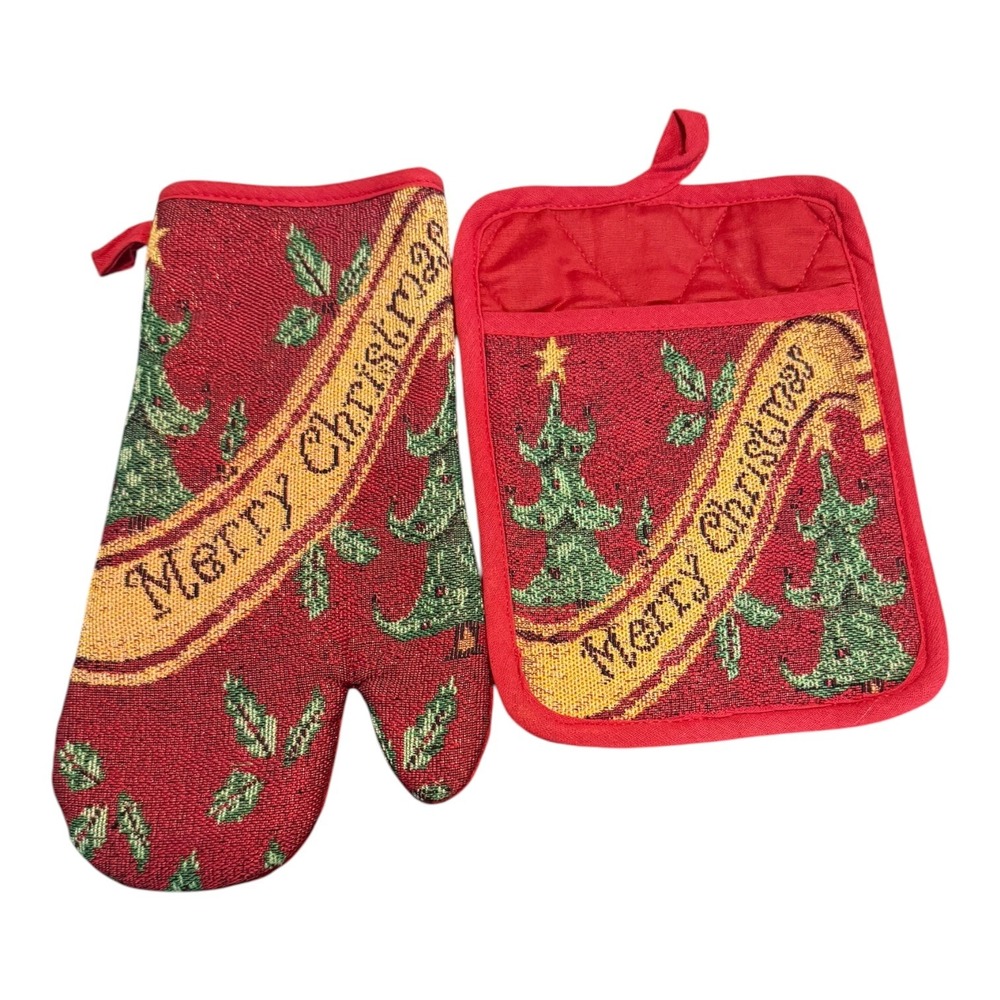 Vintage Merry Christmas Tapestry Oven Mitt and Potholder Set Red Holiday Decor